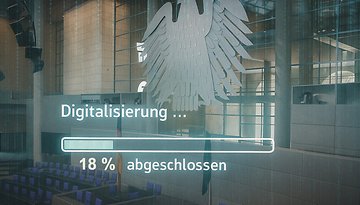 Fortschritt der Digitalisierung bei 18%, angezeigt mit einem deutschen Adleremblem im Plenarsaal des Bundestags.