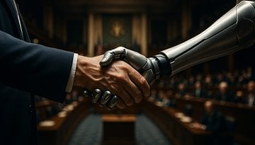 Eine menschliche und eine robotische Hand, die sich in einem formellen Rahmen schütteln.