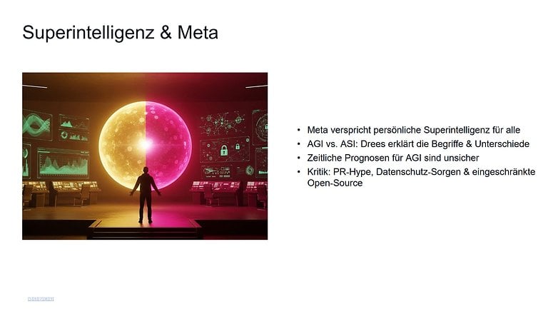Eine Person steht vor einer leuchtenden Kugel in einem High-Tech-Raum mit Datenanzeigen. Text diskutiert Superintelligenz. Eine Person steht vor einer leuchtenden Kugel in einem High-Tech-Raum mit Datenanzeigen. Text diskutiert Superintelligenz.