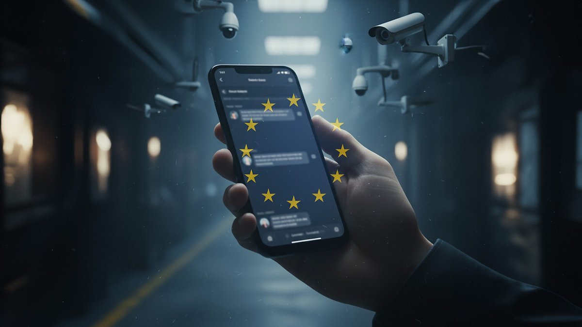 Une main tient un smartphone affichant des messages, entourée de caméras de surveillance et d'étoiles de l'UE.