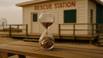 Eine Sanduhr, gefüllt mit Münzen, auf einem Holztisch; im Hintergrund ein Gebäude mit der Aufschrift 'RETTUNGSSTATION'.