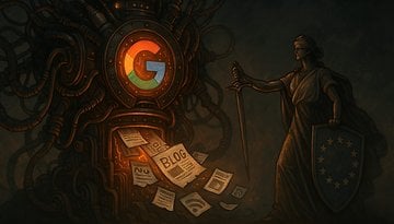 Eine stilisierte Darstellung des Google-Logos mit einer Figur, die Gerechtigkeit repräsentiert, die ein Schwert und ein Schild hält.