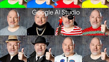 Eine Collage eines Mannes in verschiedenen Outfits, der jeweils Daumen hoch zeigt; Text lautet 'Google AI Studio'.