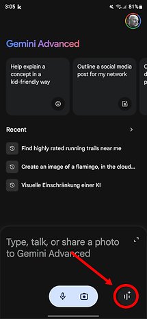 Screenshots zur Einrichtung und Nutzung von Gemini Live auf Android-Handys.