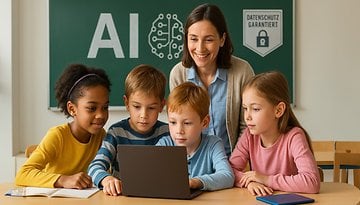 Eine Lehrerin und vier Kinder, die in einem Klassenzimmer mit einem Laptop beschäftigt sind, mit 'KI' an der Tafel.