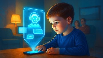 Uma criança interage com um smartphone exibindo um assistente virtual.