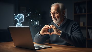 Ein älterer Mann formt mit seinen Händen ein Herz, während er auf einen Laptop mit einer holografischen KI-Figur schaut.