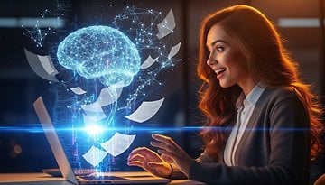 Eine Frau lächelt auf einen Laptop mit einem digitalen Gehirn über ihr, das Technologie und Innovation symbolisiert.