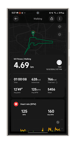 Statistiques de marche sur Xiaomi Smart Band 9 : 4,69 km, 628 kcal, 125 BPM, 5456 pas.