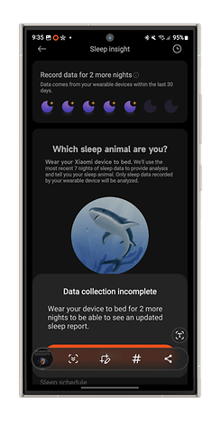 Écran de la Xiaomi Smart Band 9 affichant l'analyse de sommeil et le statut de collecte de données.