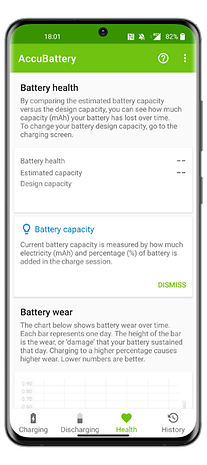 AccuBattery app interface displaying battery health, estimated capacity, and battery wear information.