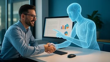 Ein Mann lächelt und schüttelt einem holografischen Roboter in einem Büro die Hand.