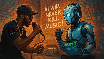 A rapper performing into a microphone facing a robot DJ with a laptop displaying 'SUNO'. Background text: 'AI WILL NEVER KILL MUSIC!'