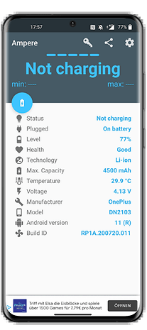 État de la batterie sur l'écran mobile : Pas en charge, 77% de niveau, Li-ion, capacité de 4500 mAh.