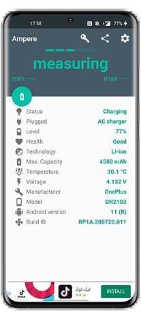 Battery status app displaying charging details: 77% level, 4500 mAh capacity, 30.1°C temperature, OnePlus.