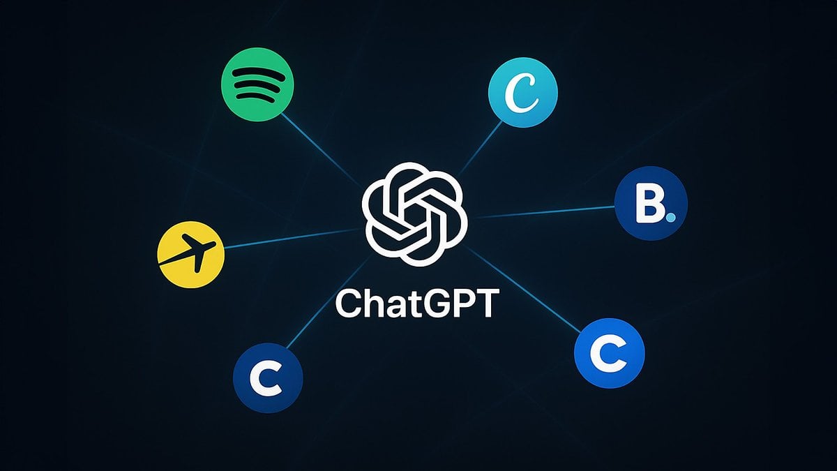 Une image montrant ChatGPT au centre avec des logos de Spotify, de voyages et divers services autour.