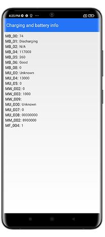 Battery information displayed on a smartphone screen with various metrics.