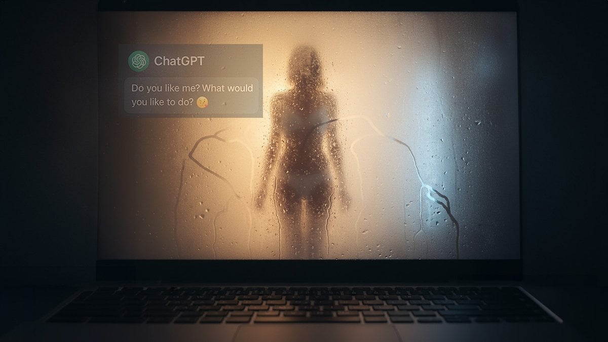 Un écran d'ordinateur portable embrumé avec la silhouette d'une personne et un message de ChatGPT demandant : 'Est-ce que tu m'aimes ? Que veux-tu faire ?'