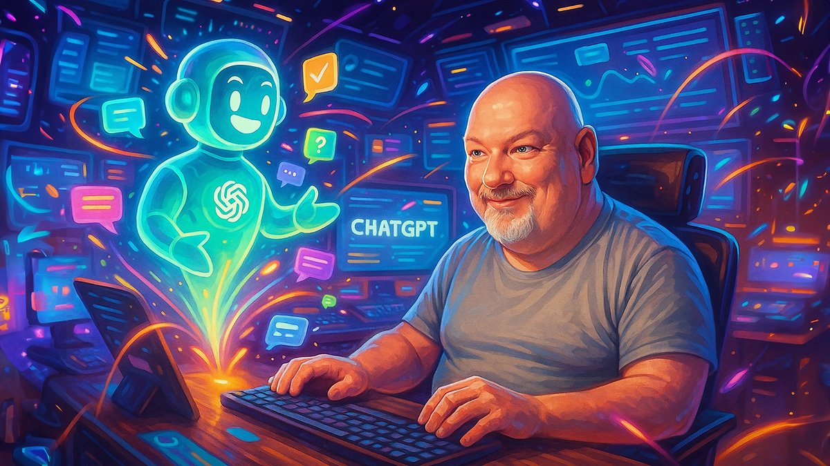 Un homme à un ordinateur interagit avec un personnage ChatGPT lumineux au milieu d'éléments numériques colorés.