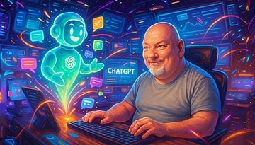 A man at a computer interacts with a glowing ChatGPT character amidst colorful digital elements.