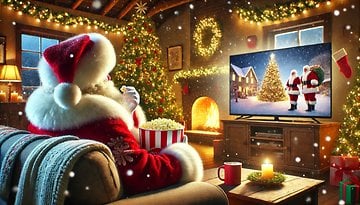 Der Weihnachtsmann genießt Popcorn, während er in einem gemütlichen Wohnzimmer einen Weihnachtsfilm schaut.