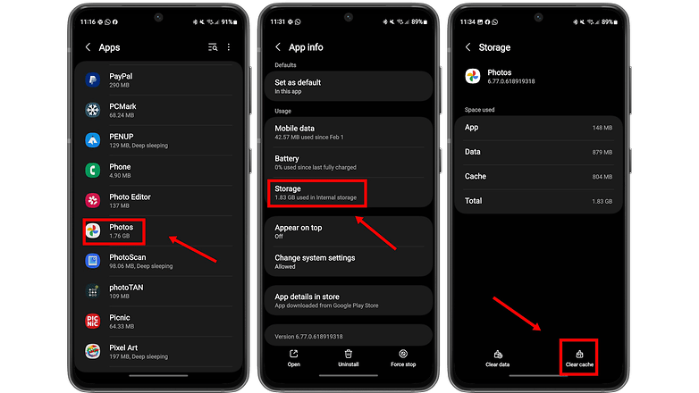 Skjermbilder for rensing av appdata på en Samsung-telefon