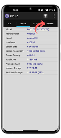 CPU-Z app screen showing device status and battery percentage.