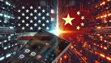 Ein Smartphone mit Apps vor dem Hintergrund der US- und China-Flaggen.