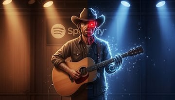 Ein Cowboy mit einer Gitarre, halb Mensch und halb Roboter, vor einem Spotify-Logo.