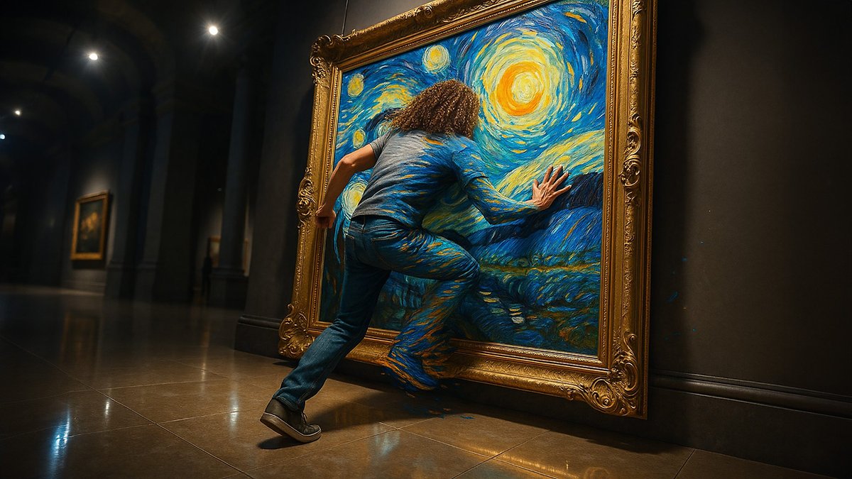 Une personne touche une peinture de Nuit étoilée dans une galerie d'art.