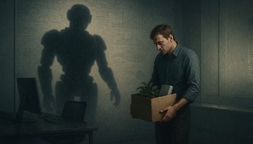 Ein Mann hält eine Kiste mit einer Pflanze und schaut nach unten, während ein Roboterschatten hinter ihm in einem dunklen Büro schwebt.