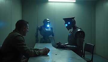 Ein humanoider Roboter verhört einen Mann in einem schwach beleuchteten Raum, während ein anderer Roboter daneben steht.