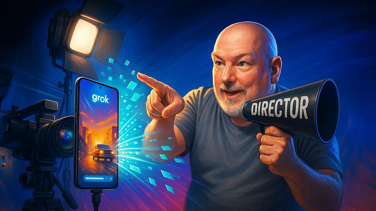 Un directeur pointe avec enthousiasme vers un téléphone affichant 'grok', tout en tenant un mégaphone étiqueté 'DIRECTOR'.