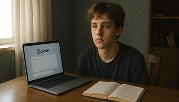 Ein junger Mensch sitzt an einem Tisch mit einem Laptop, auf dem 'ChatGPT' angezeigt wird, und einem offenen Buch daneben.