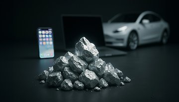 Ein Haufen Lithiumsteine vor einem Smartphone, Laptop und Elektroauto.