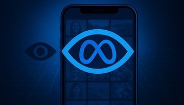 A smartphone displaying the Meta logo with an eye symbol on a blue background.