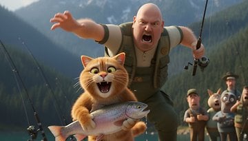 Eine Cartoon-Katze hält fröhlich einen Fisch, während ein Mann begeistert an einem Angler-Szene schreit.