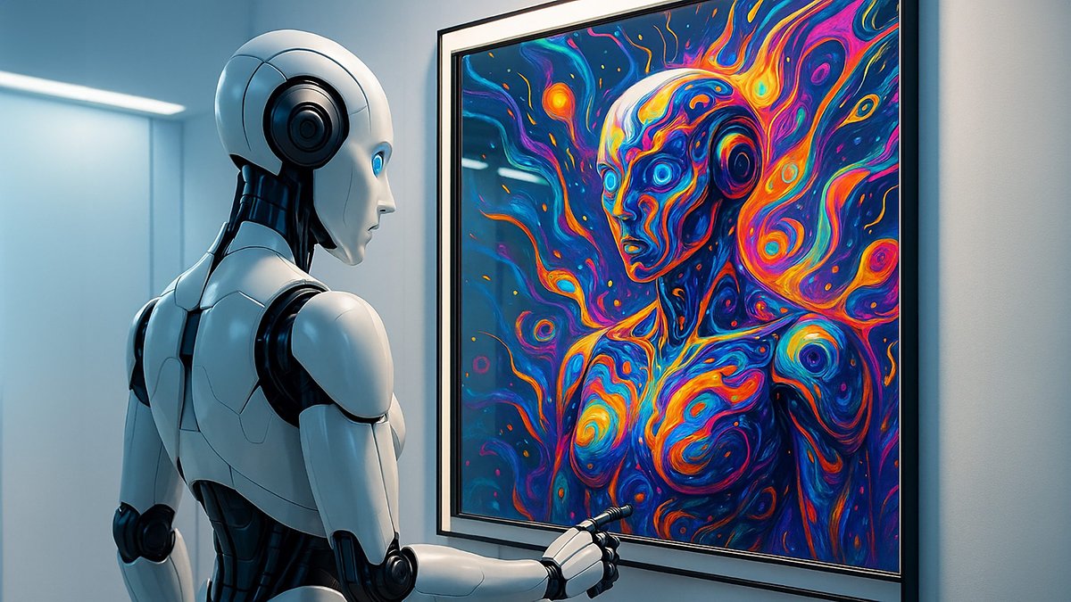 Un robot examine un portrait abstrait vibrant d'une figure humanoïde dans une galerie moderne.