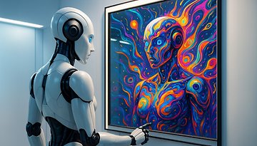 Ein Roboter betrachtet ein lebendiges, abstraktes Porträt einer humanoiden Figur in einer modernen Galerie.