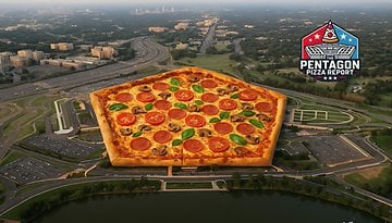A large pizza with pepperoni, mushrooms, and basil is superimposed over a cityscape and a logo for the Pentagon Pizza Report.