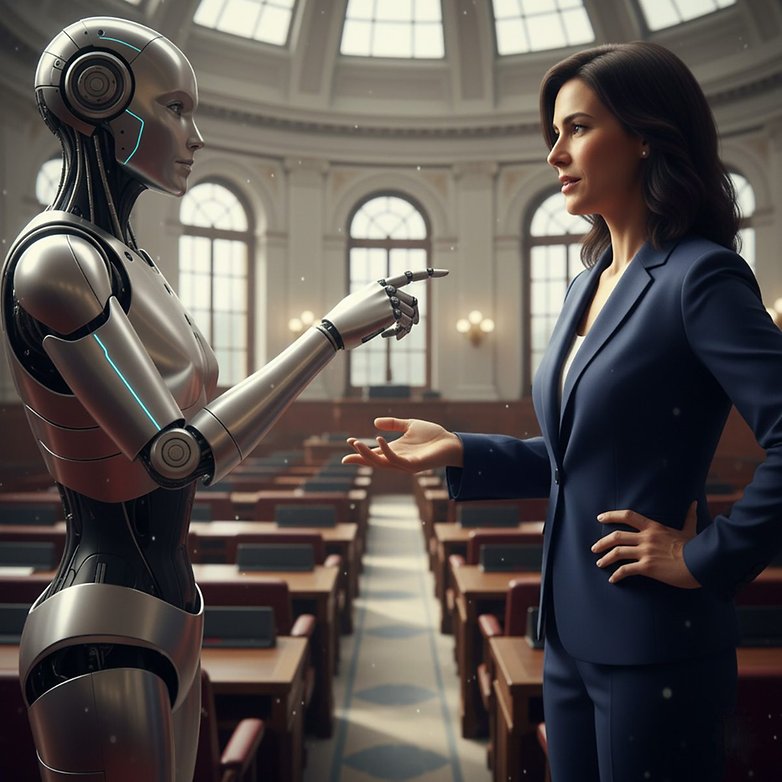Ein humanoider Roboter und eine Frau im Anzug führen in einem Gerichtssaal ein Gespräch.