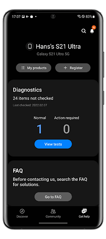 Écran affichant les diagnostics du Samsung Galaxy S21 Ultra avec un statut de batterie à 83%.