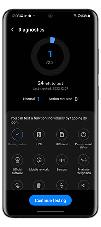 Diagnostics screen showing battery status and testing options.