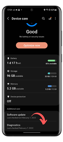 Écran de soins de l'appareil montrant le statut de la batterie, 1j 17h restant, 82% disponible et d'autres infos.