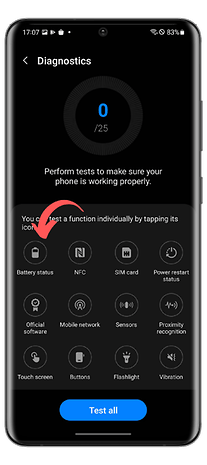 Screen displaying diagnostics options with battery status highlighted.