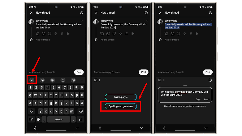 Screenshots zeigen den Chat-Assistent in Galaxy AI beim Rechtschreibtest
