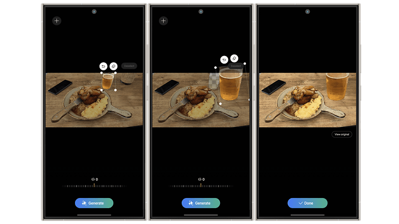Screenshots zeigen, wie man mit Galaxy AI Objekte verschiebt und vergrößert