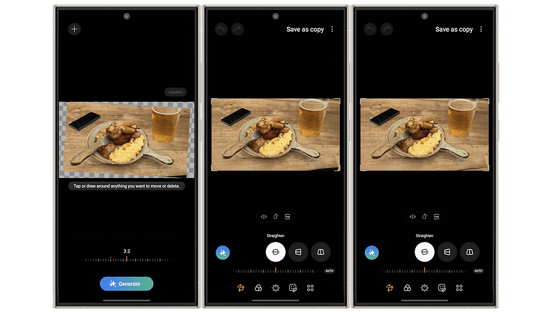 Screenshots zeigen, wie man mit Galaxy AI Fotos gerade ausrichtet