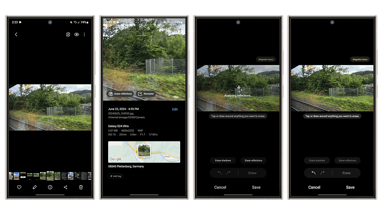 Screenshots zeigen, wie man mit Galaxy AI Reflexionen beseitigt