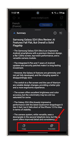 Screenshot of the AI functions in the Samsung browser